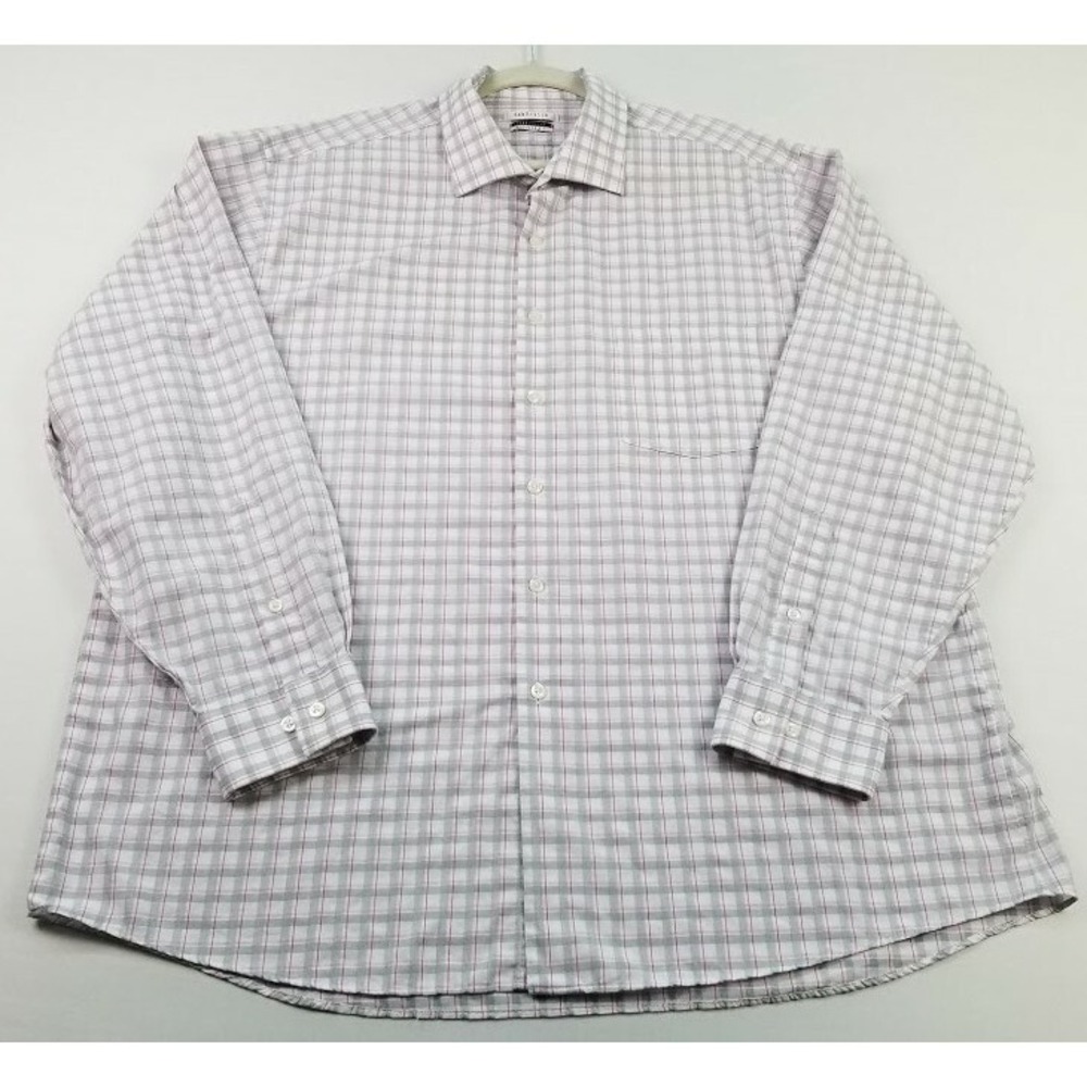 Van Heusen Button Up Shirt Mens Extra Large XL 17 ½ 34 35 Gray Pink White Plaid
